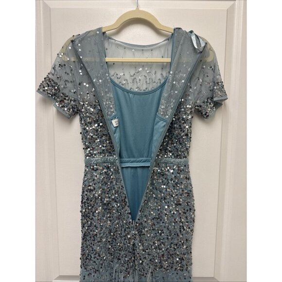 MAC DUGGAL Size 2 Slate Blue HIGH NECK SHORT SLEEVE SEQUIN EMBELLISHED DRESS - Picture 8 of 10
